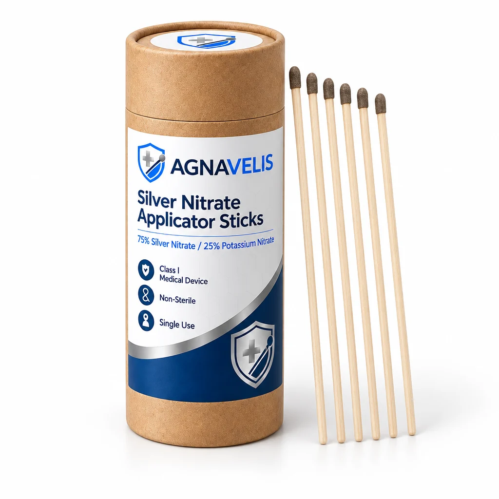 AGNAVELIS silver nitrate applicator sticks kraft tube showing the product label with composition, Class I medical device, non-sterile and single use statements