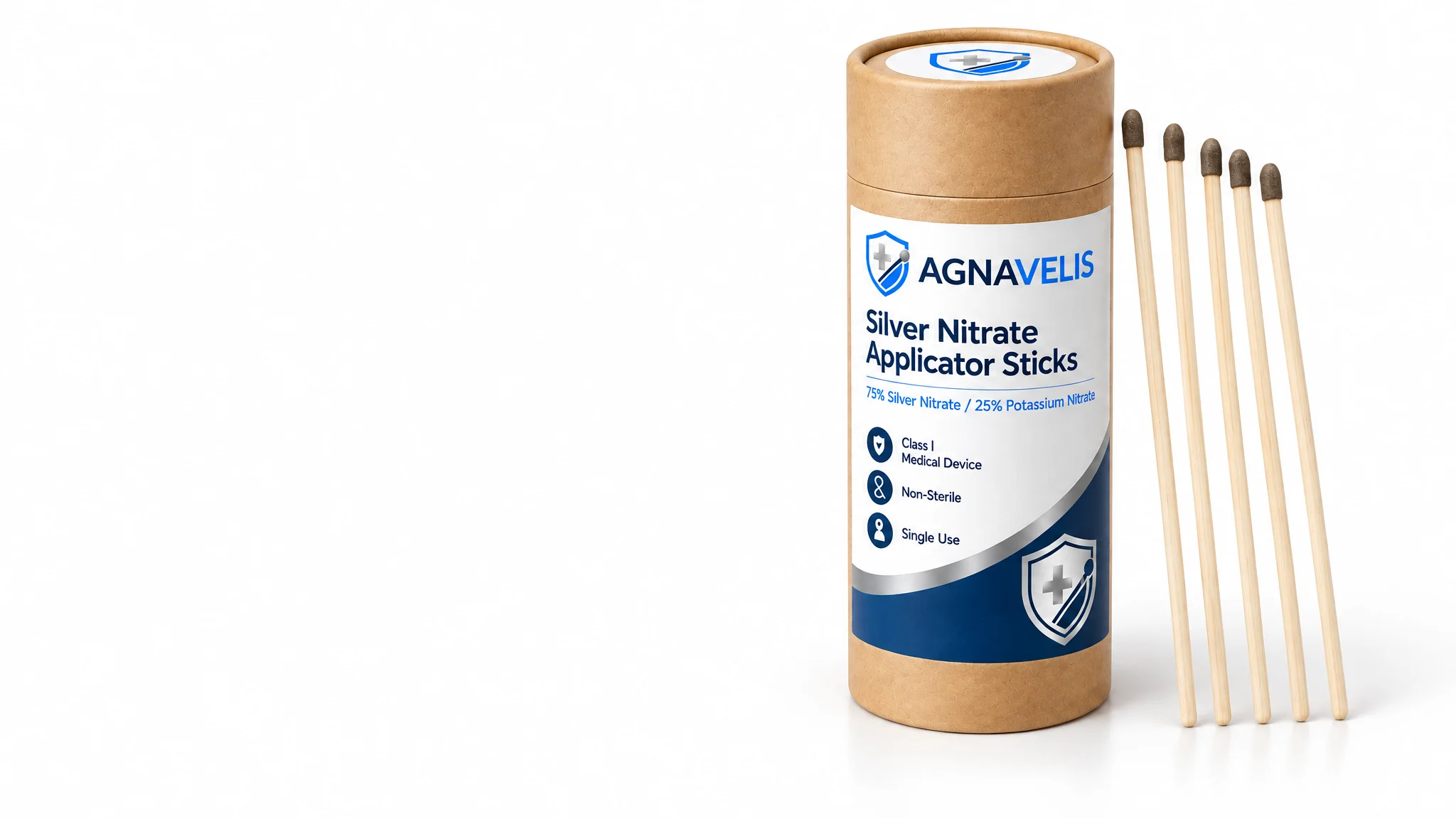 AGNAVELIS 75 percent silver nitrate applicator sticks with wooden shafts leaning against the kraft packaging tube